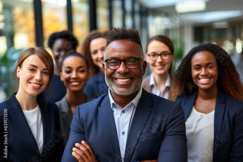 Happy diverse business team standing together in office International young professional smiling corporate employee with senior leaders looking at camera