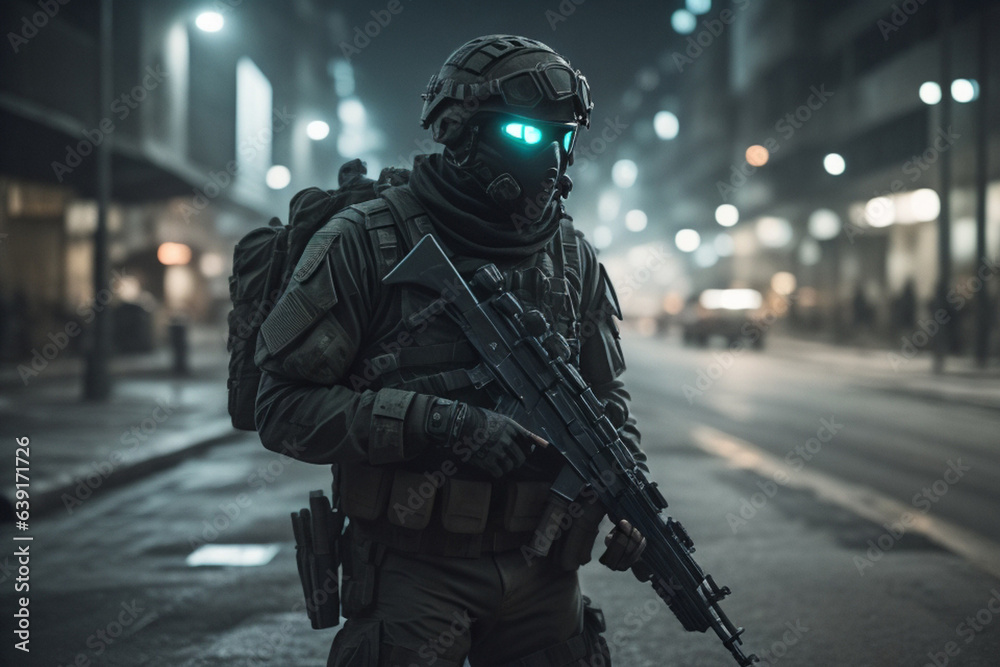 Army soilder who wear black tactical closes with a nocturn vision. AI Generative	