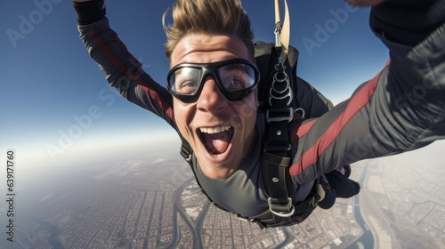 Modern man, parachute jump in the sky. Beautiful illustration picture. Generative AI