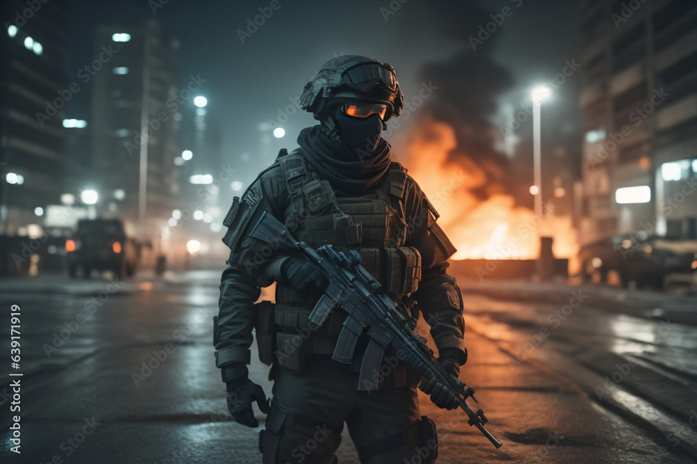 Army soilder who wear black tactical closes with a nocturn vision. AI Generative Army soilder who wear black tactical closes with a nocturn vision. AI Generative
