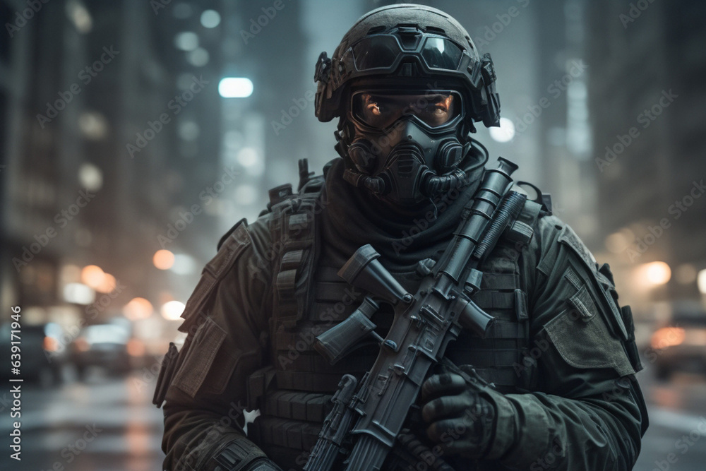Army soilder who wear black tactical closes with a nocturn vision. AI Generative Army soilder who wear black tactical closes with a nocturn vision. AI Generative