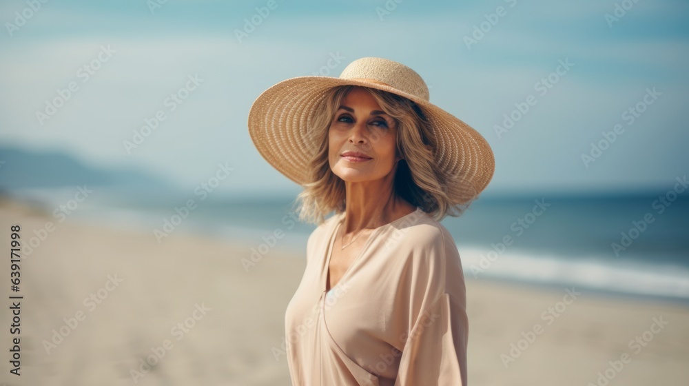 Beautiful mature woman on the beach. Illustration picture. Generative AI
