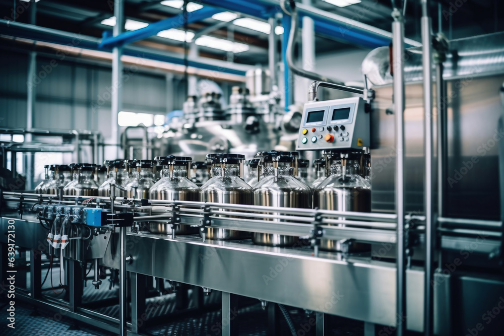Factory for the production of beer. Brewery conveyor with glass beer drink alcohol bottles, modern production line. Blurred background. Modern production for bottling drinks. Selective focus. Factory for the production of beer. Brewery conveyor with glass beer drink alcohol bottles, modern production line. Blurred background. Modern production for bottling drinks. Selective focus.