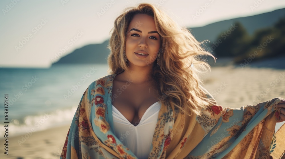 Plus size woman is on he beach. Beautiful illustration picture. Generative AI Plus size woman is on he beach. Beautiful illustration picture. Generative AI
