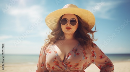 Plus size woman is on he beach. Beautiful illustration picture. Generative AI