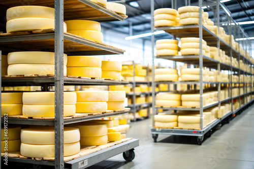 Rows of cheese on the shelves of a dairy. Drying and keeping cheese on the rack. Wheels of yellow cheese in a dairy factory. Dairy plant. Food industry.