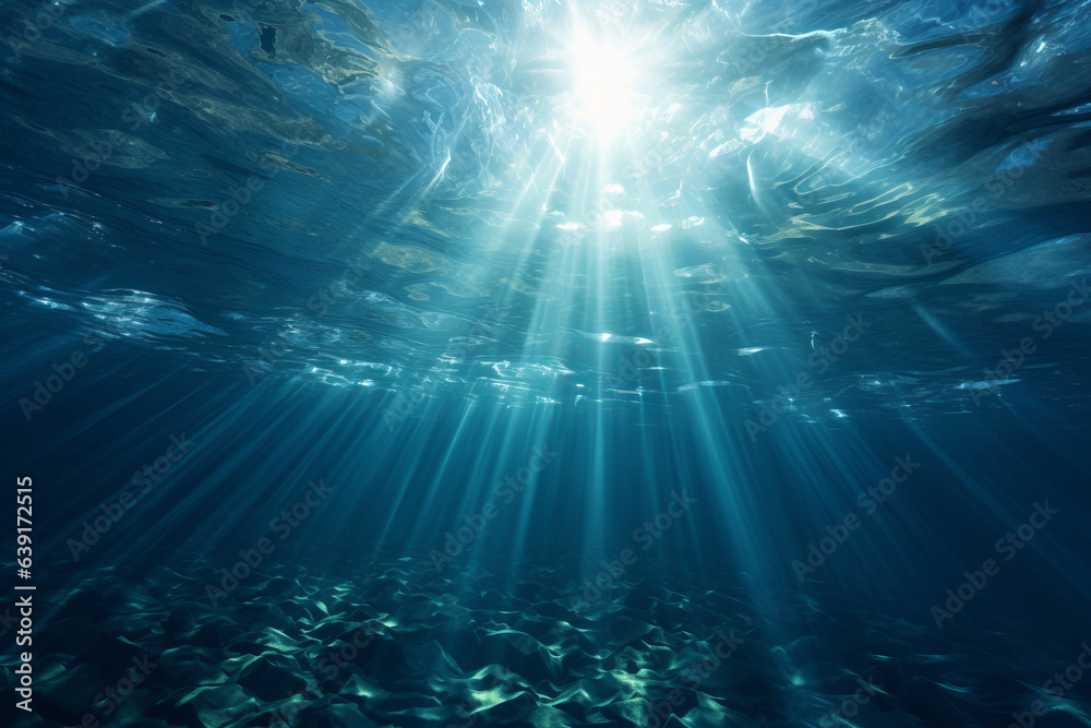 Beautiful sunbeams shining through the water underwater view. generative ai
