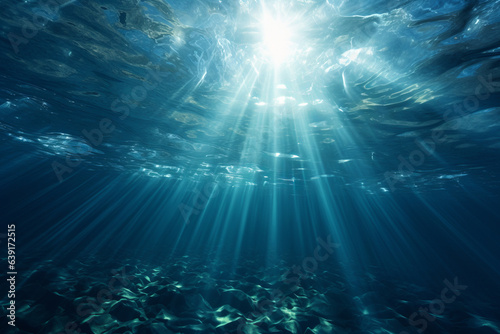 Beautiful sunbeams shining through the water underwater view. generative ai 