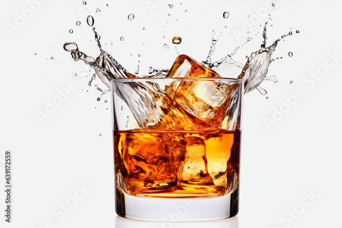 Glass of whiskey with ice with splashes. White background. Splashes and drops of whiskey fly from the glass in different directions.