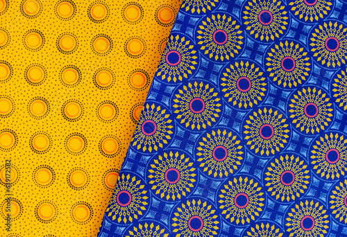 Colorful South African Iconic printed fabric known as Shwe Shwe. blue and yellow prints.  photo