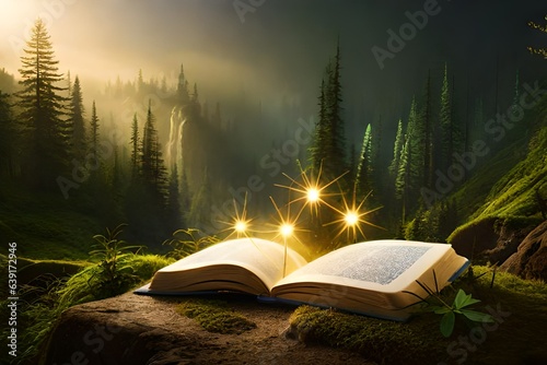A mesmerizing scene of a mystical tome exuding radiant, ethereal lights, casting a spellbinding glow on its surroundings, captured with impeccable detail by a high-definition camera. photo