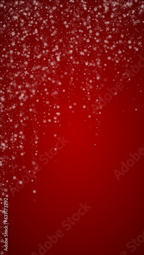 Snowy christmas background. Subtle flying snow flakes and stars on christmas red background. Delicate sweet snowy christmas. Vertical vector illustration.