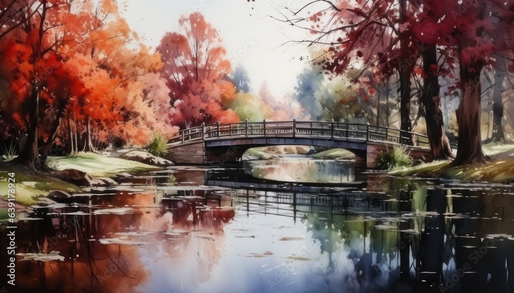 Naklejka premium medieval bridge over the river. Autumn