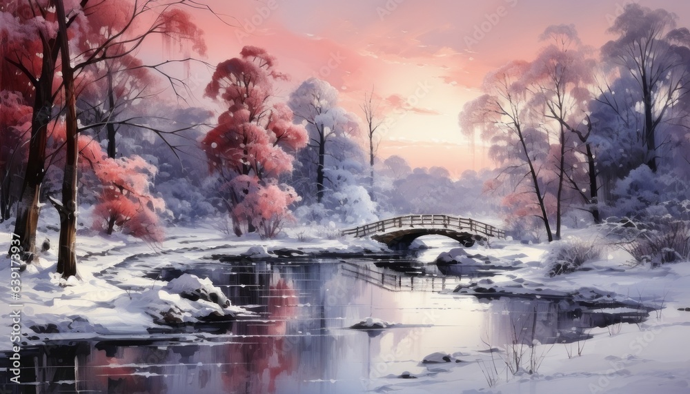 medieval bridge over the river. Winter. Evening. Watercolor.