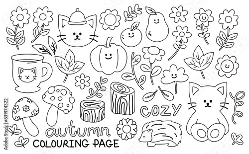 Outlines of autumn elements such as flowers, timber, cozy drink, leaves, mushroom, pear, pumpkin, orange, hedgehog, cat for cartoon, character, colouring book, tattoo, art, fruit, nature, garden
