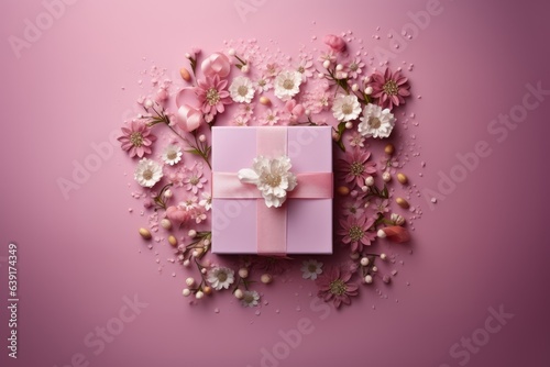 A gift box with flowers isolated on a pink background. Minimalistic greeting card for birthday, wedding, Mother's or Valentine Day. Holiday banner. Flat lay, top view with copy space © ratatosk