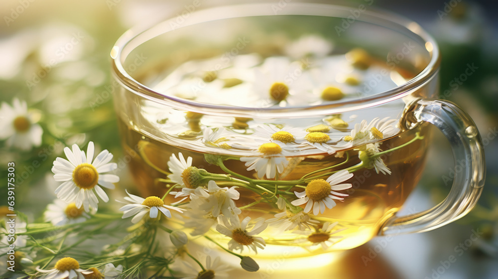 Beautiful chamomile tea. Transparent cup with tea with chamomile flowers on a beautiful background. generative ai
