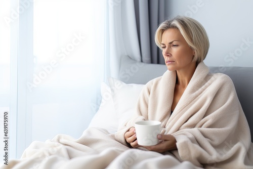 Sick middle aged Caucasian woman is sitting on the bed with a mug of hot drink. sad woman with a cup of warm drug sitting in bed.