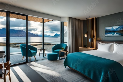 Myvatn, Iceland - September 10, 2019 : Interior of a room in Fosshotel Myvatn, a four-star hotel in Skutustadahreppur, located near a lake on the Ring