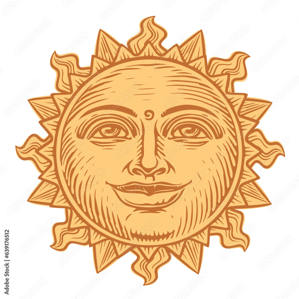 Yellow sun with smiling face and rays. Sunny day, sunrise, morning symbol. Vector illustration