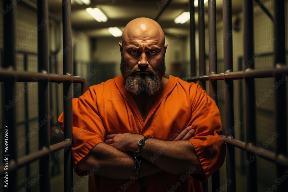 Foto de Bald middle aged Caucasian prisoner in orange uniform holds