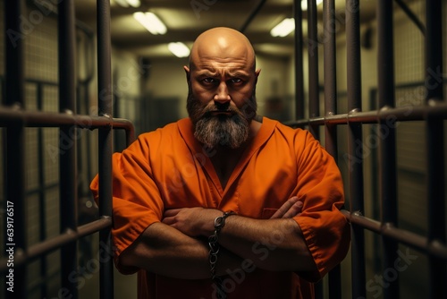 Bald middle aged Caucasian prisoner in orange uniform holds hands on metal bars, looking at camera. Criminal serves term of imprisonment in prison cell. Inmate stands behind bars in jail or detention