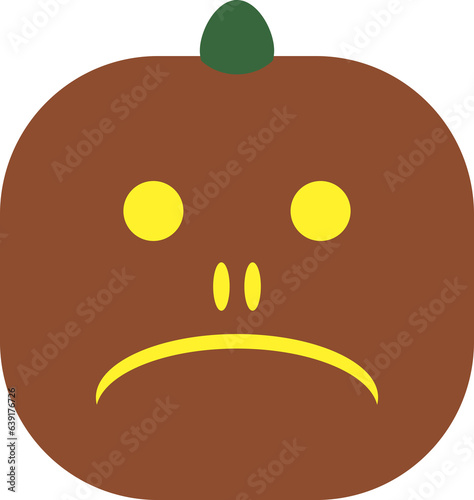 Stylized pumpkin with sad grimace for Halloween. Carved face on ripe gourd. Cartoon sad mask. Pumpkin Halloween mug. Squash silhouette. Autumn vacation. October natural symbol.