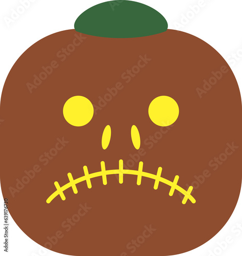 Pumpkin for Halloween or Thanksgiving drives away evil spirits and other evil spirits. Hollow squash with ominous grimace carved on it. Carved face on ripe gourd. Vegetable muzzle with dull expression