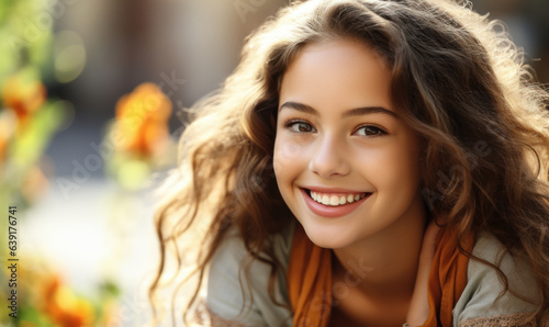 Girl with Perfect Smile and White Teeth  Dental Care Concept