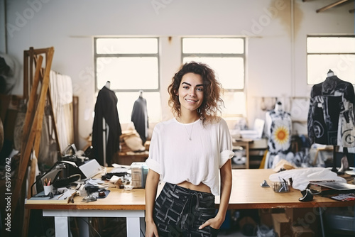 Portrait of a happy smiling female fashion designer, business owner, standing in her design studio
