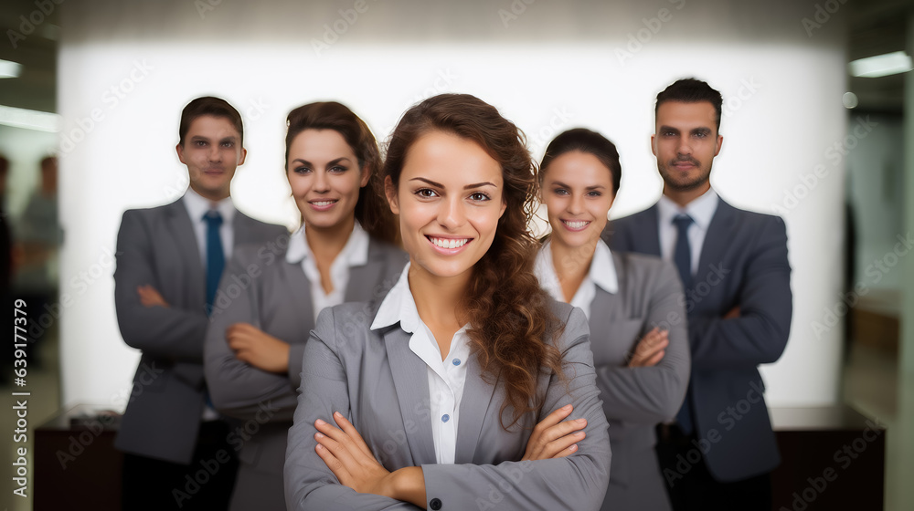 Happy business people team stand in office looking at camera , Created with Generative Ai Technology Happy business people team stand in office looking at camera , Created with Generative Ai Technology