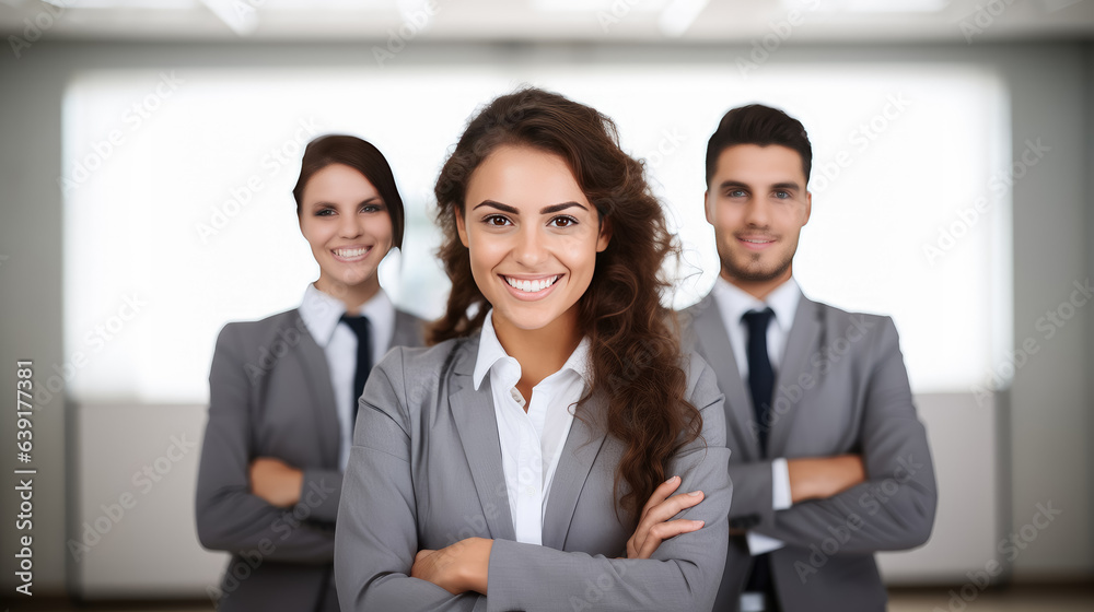 Happy business people team stand in office looking at camera , Created with Generative Ai Technology Happy business people team stand in office looking at camera , Created with Generative Ai Technology