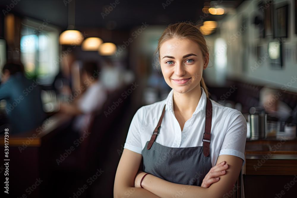 Portrait of a happy and smiling female waiter, or small business owner in the coffee shop. Portrait of a happy and smiling female waiter, or small business owner in the coffee shop.
