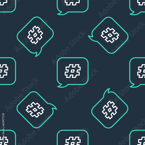 Line Hashtag speech bubble icon isolated seamless pattern on black background. Concept of number sign, social media marketing, micro blogging. Vector