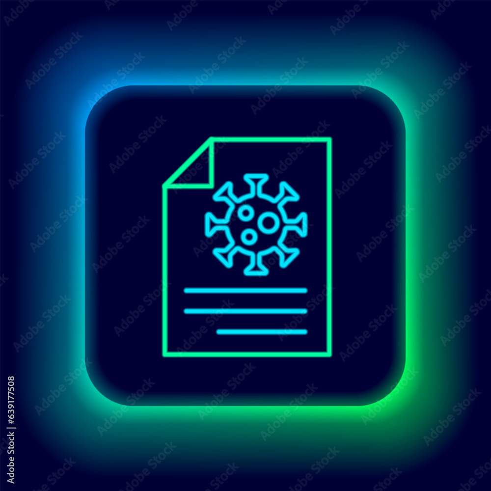 Glowing neon line Medical clipboard with blood test results icon isolated on black background. Clinical record, medical check marks report. Colorful outline concept. Vector Glowing neon line Medical clipboard with blood test results icon isolated on black background. Clinical record, medical check marks report. Colorful outline concept. Vector