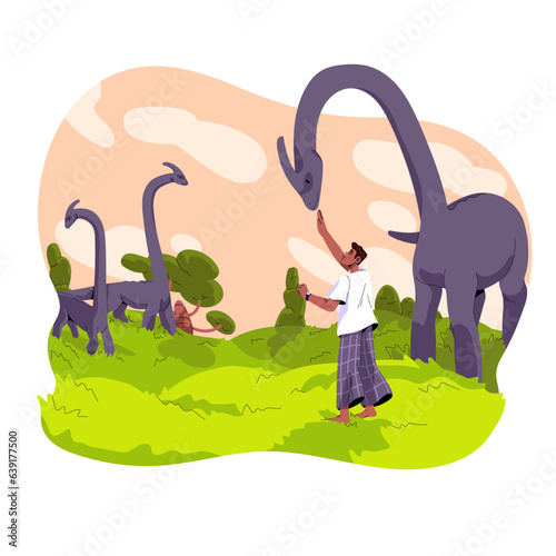 Man sleep and walk with dinosaurs in dream concept. Dreamer with surreal dinos in imagination, person see dragon, feed animal in dreamscape, fantastic world. Flat isolated vector illustration on white