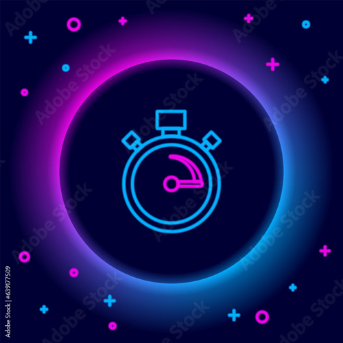Glowing neon line Stopwatch icon isolated on black background. Time timer sign. Chronometer sign. Colorful outline concept. Vector