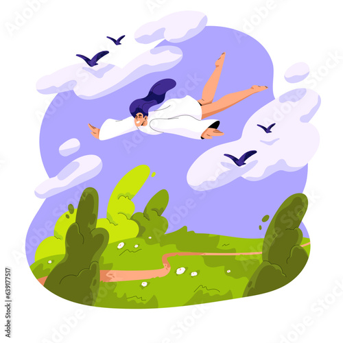 Woman sleep and fly in dream concept. Dreamer in sky, surreal fantastic flight between clouds, sleepers imagination, girl in fantasy world. Flat isolated vector illustration on white background