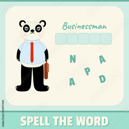 Educational alphabet game material for children. Spell the word, playing card for kids. Businessman panda illustration, vector design. Funny concept with turquoise background colors. (ID: 639177949)