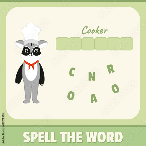 Educational alphabet game material for children. Spell the word, playing card for kids. Cooker racoon illustration, vector design. Funny concept with green background colors. (ID: 639177988)