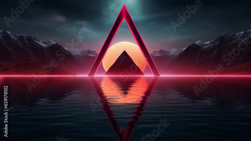 Abstract neon background with geometric triangle shape  Beautiful frame and extraterrestrial landscape under the night sky and Rocks. Futuristic minimalist wallpaper. Created with Generative AI.