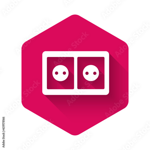 White Electrical outlet icon isolated with long shadow. Power socket. Rosette symbol. Pink hexagon button. Vector