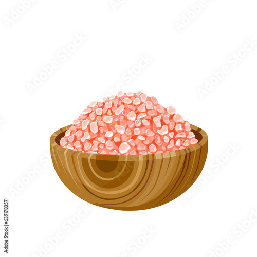 Vector illustration, Himalayan pink salt in a wooden bowl, isolated on white background.