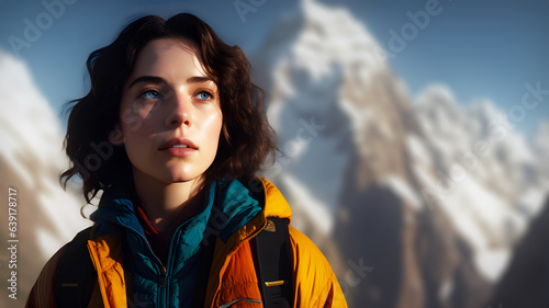 Portrait of a young dark-haired woman hiking high in the mountains. 