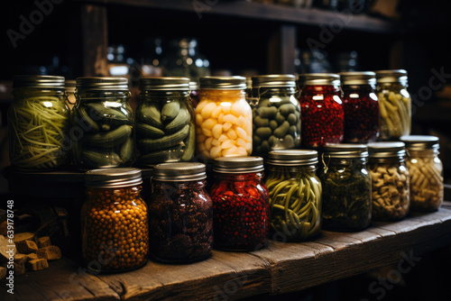 Jars prepared for the winter season, containing pickles, preserves, and various foods. Generative AI