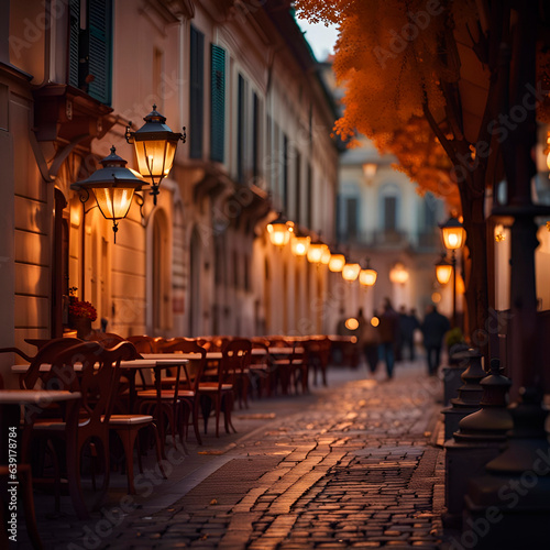 Evening cafe on the street. Autumn Italian landscape, baroque style, street lights