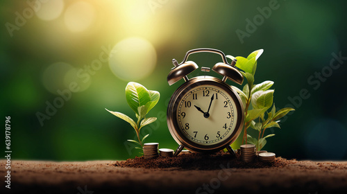 Money coins with retro alarm clock and plant, Return on investment, deposit, growth of income, retirement and savings. Time is money concept, Generative AI