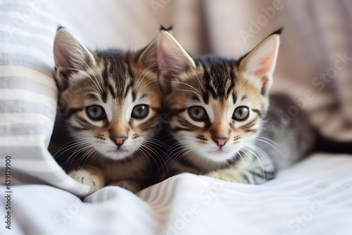 Little beautiful tabby kittens are sitting on white bed and look at the camera.