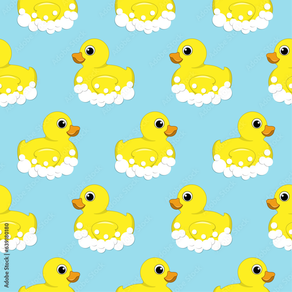 Obraz premium Seamless vector pattern with a rubber duck on a blue background. Illustration with children's bathroom toys