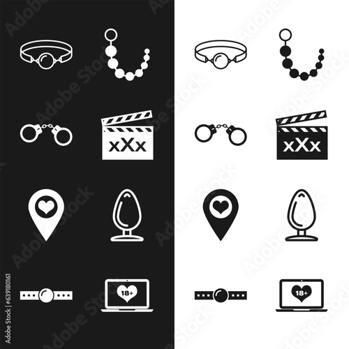 Set Movie clapper with Sex, Handcuffs, Silicone ball gag, Anal beads, Location heart, plug, Laptop 18 plus content and icon. Vector
